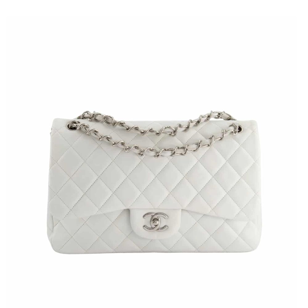 Chanel Classic Double Flap Bag White Silver Hardware 25Cm
