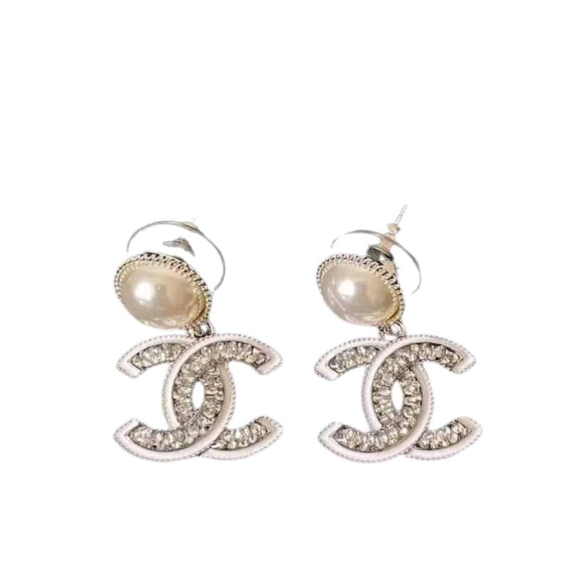 Chanel Double C Pearl Earrings Silver White