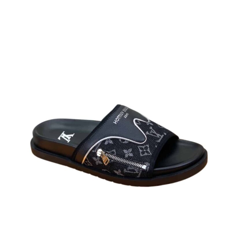 Louis Vuitton Velcro Slippers Lock Edge Denim Black