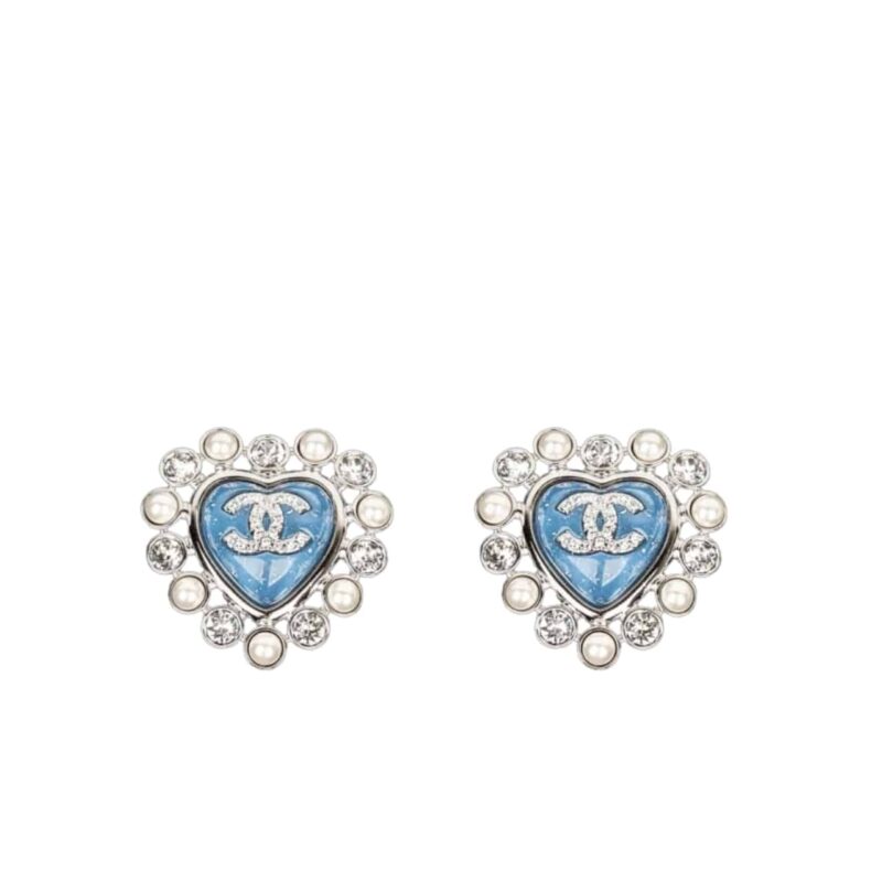 Chanel Heart Motif And Crystal Earrings In Blue