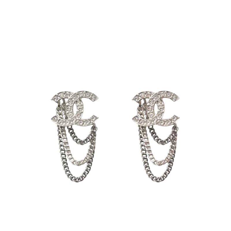 Chanel Stud Earrings With Crystal And Multi Chain In Silver Tone
