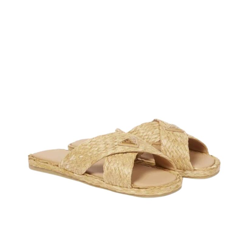 Prada Raffia Crisscross Slides Natural
