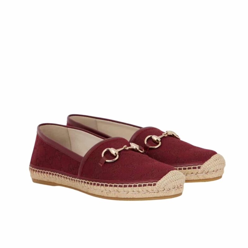 Gucci Women Espadrille With Horsebit Burgundy Gg Canvas