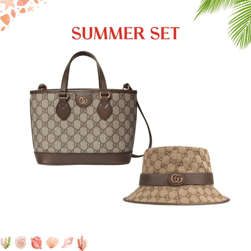 Summer Set: Gucci Ophidia Mini Tote Bag Beige And Ebony 22Cm And Canvas Bucket Hat With Double G Brown