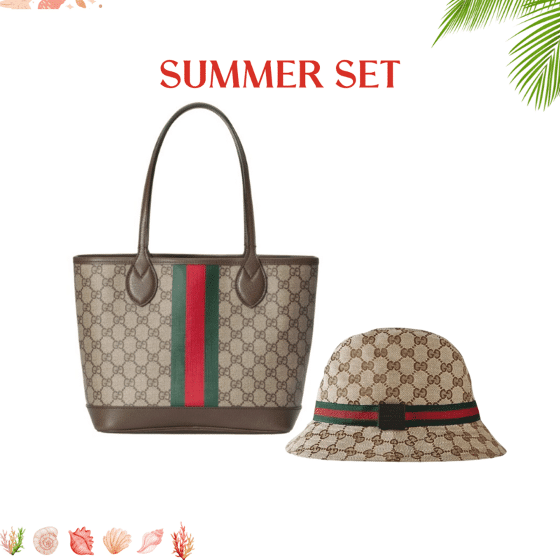 Summer Set: Gucci Ophidia Small Tote Bag Beige And Ebony Gg 25Cm And Gg Ssima Soft Web Fedora Hat Beige