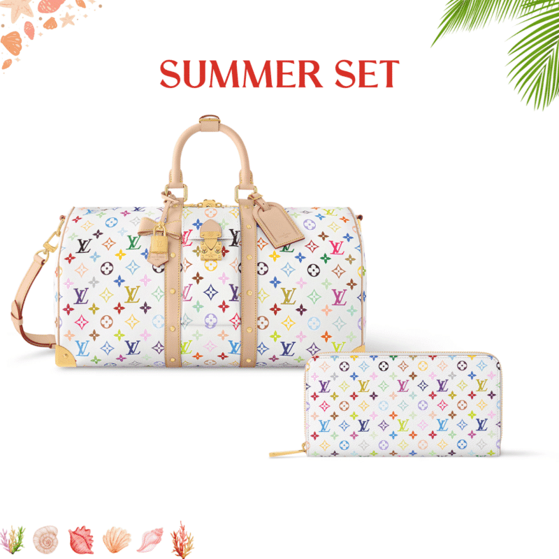 Summer Set: Louis Vuitton X Murakami Keepall Bandoulière 45 Bag Multicolore Blanc 45Cm And Zippy Wallet White Multicolored