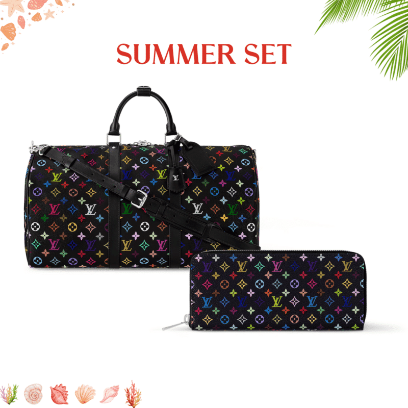 Summer Set: Louis Vuitton X Murakami Keepall Bandoulière Black Multicolored 45Cm And Zippy Wallet Black Multicolored 19Cm