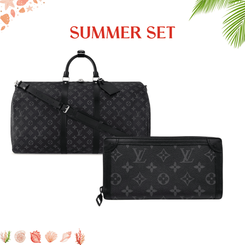 Summer Set: Louis Vuitton Keepall Bandoulière 50 Monogram Eclipse And Long Wallet Monogram Eclipse Trunk Zippy Black 19Cm