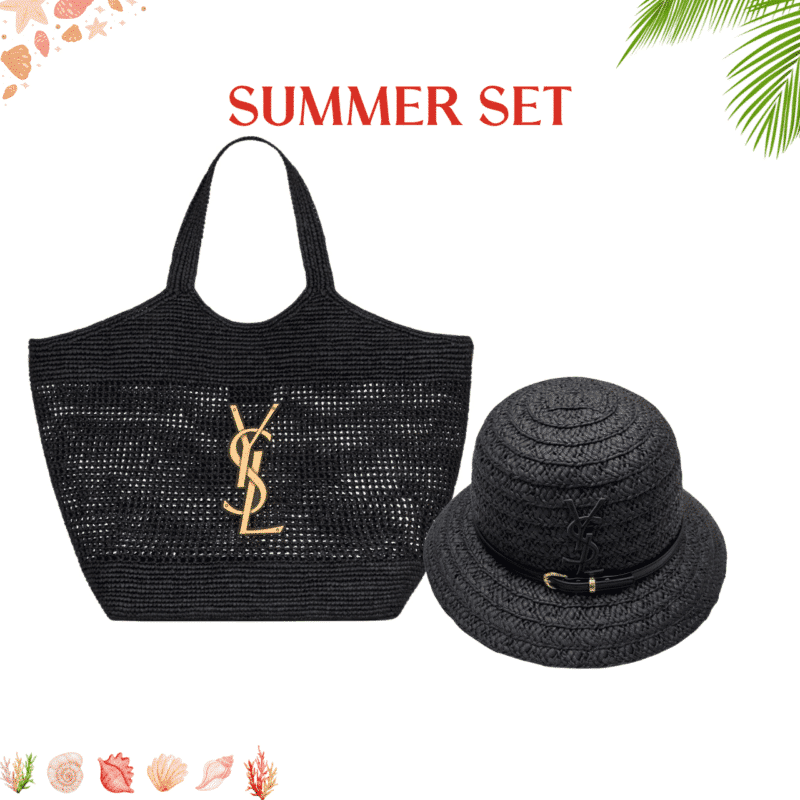 Summer Set: Saint Laurent Icare In Raffia Black 45Cm And Ysl Raffia Bucket Hat Black