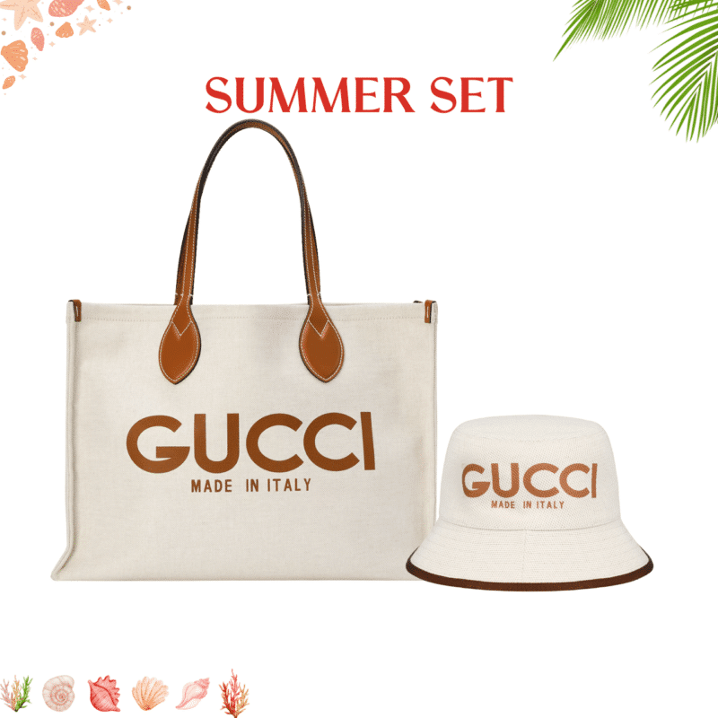 Summer Set: Gucci Medium Tote Bag With Gucci Print Beige 28Cm And Arnaud Bob Reversible Bucket Hat Beige