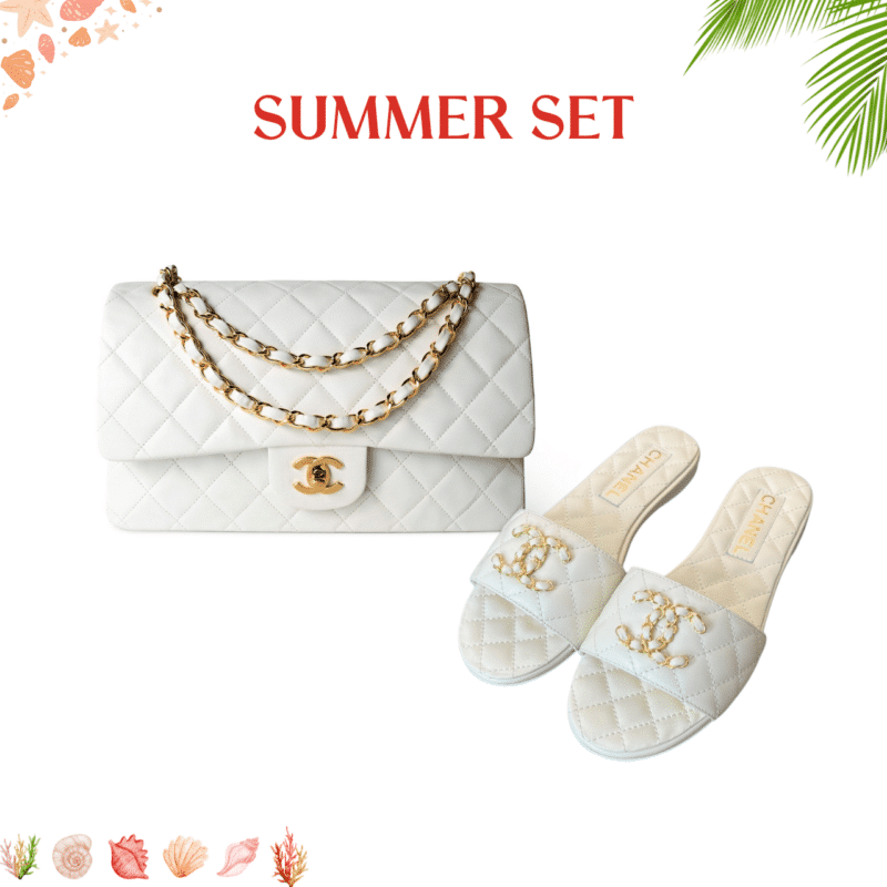 Summer Set: Chanel Classic Medium Handbag White 25Cm A01112 And 23P Quilted Cc Chain Mule Sandal White