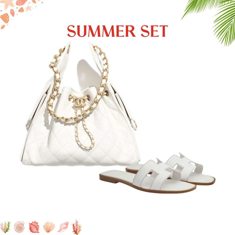 Summer Set: Chanel 25 Small Handbag Grained And Gold Tone Metal White 34Cm And Hermes Oran Sandal Blanc