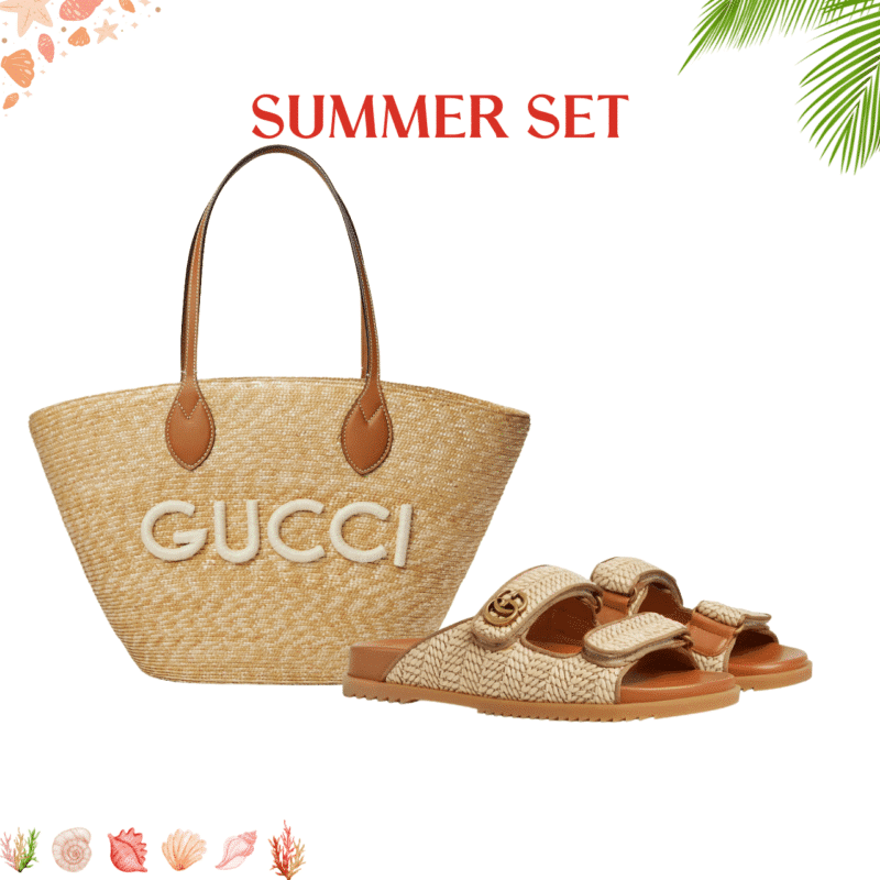 Summer Set: Gucci Medium Straw Tote With Patch Natural 27Cm And Sandal With Double G Natural Raffia Brown