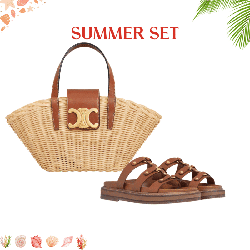 Summer Set: Celine Teen Couffin In Wicker And Leather Tan 15Cm And Celine Slides Tippi In Vegetal Brown 352343766C 04Lu
