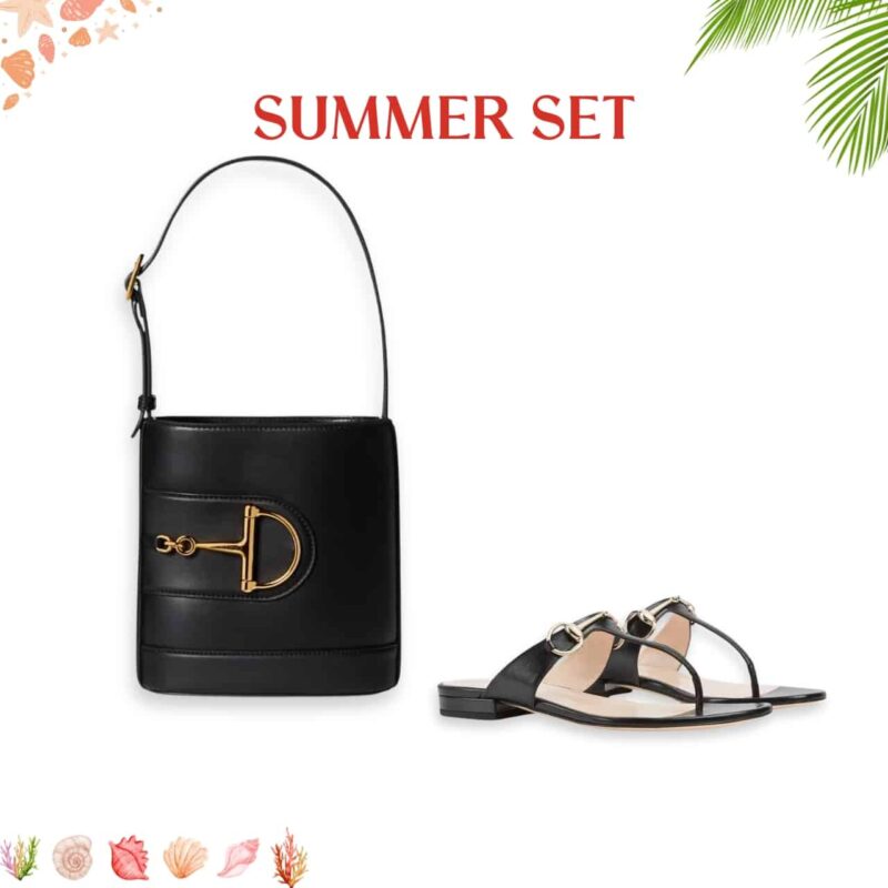 Summer Set: Gucci 73 Small Bucket Bag Black And Thong Sandal With Horsebit Black