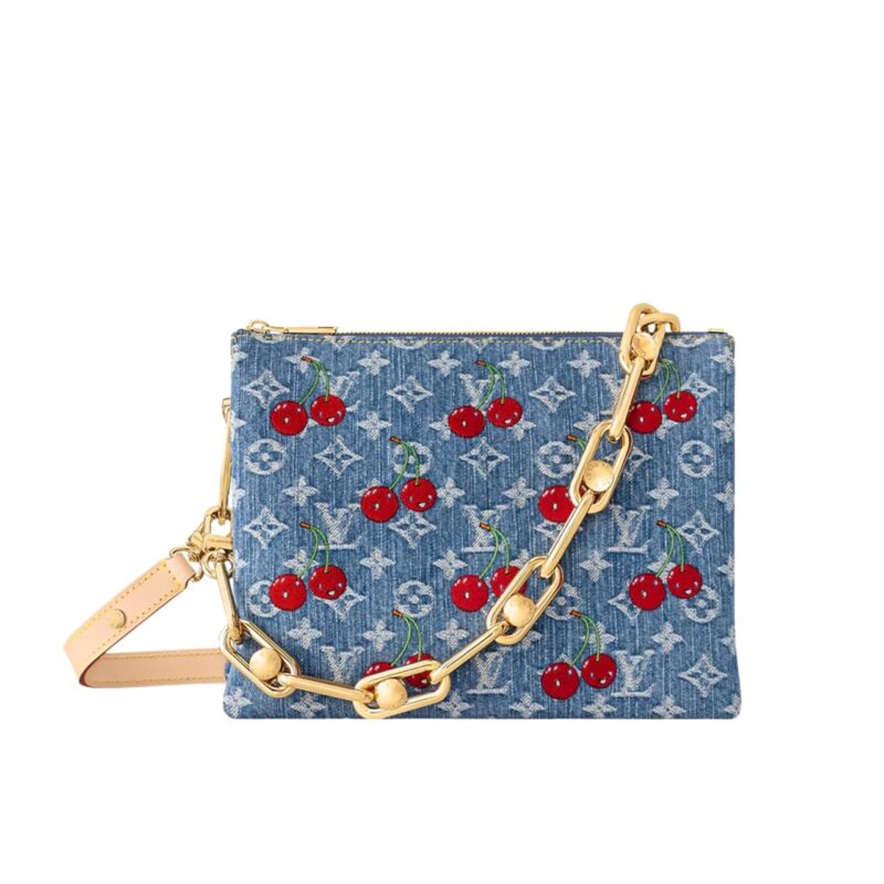 Louis Vuitton X Takashi Murakami PM Cushion Bag Denim Monogram Cherry Blue 26Cm M14978
