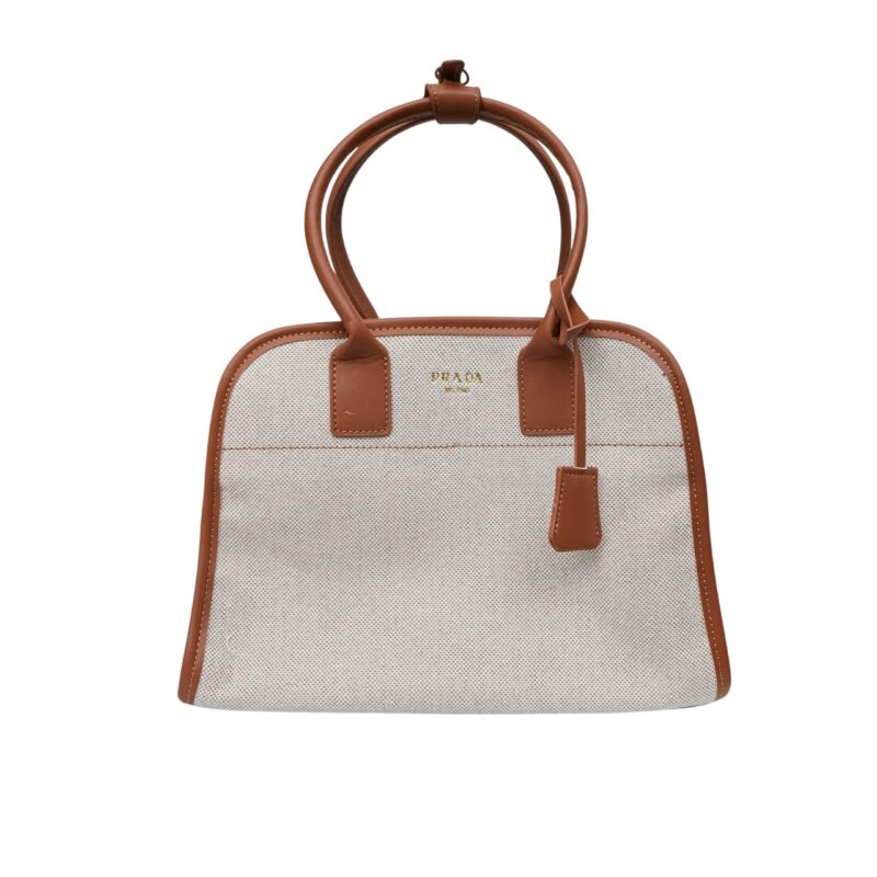 Prada Medium Blend And Leather Tote Bag Tan And Caramel 33Cm 1Bg572 2Hja F0Kfz V Ooz