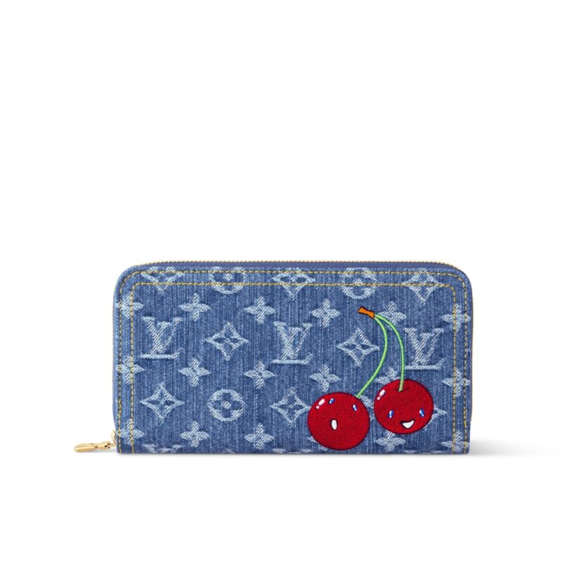 Louis Vuitton X Murakami Zippy Wallet Monogram Cherry Denim Blue 19Cm M23161