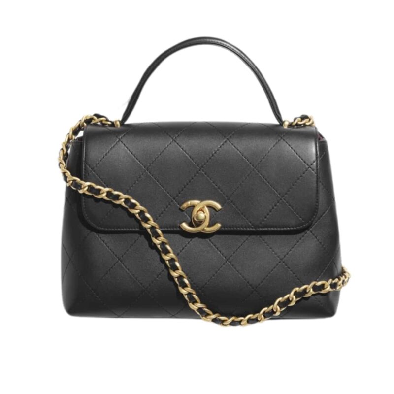 Chanel Large Flap Bag With Top Handle Shiny And Gold Tone Metal Black 29Cm As5467 B20111 94305