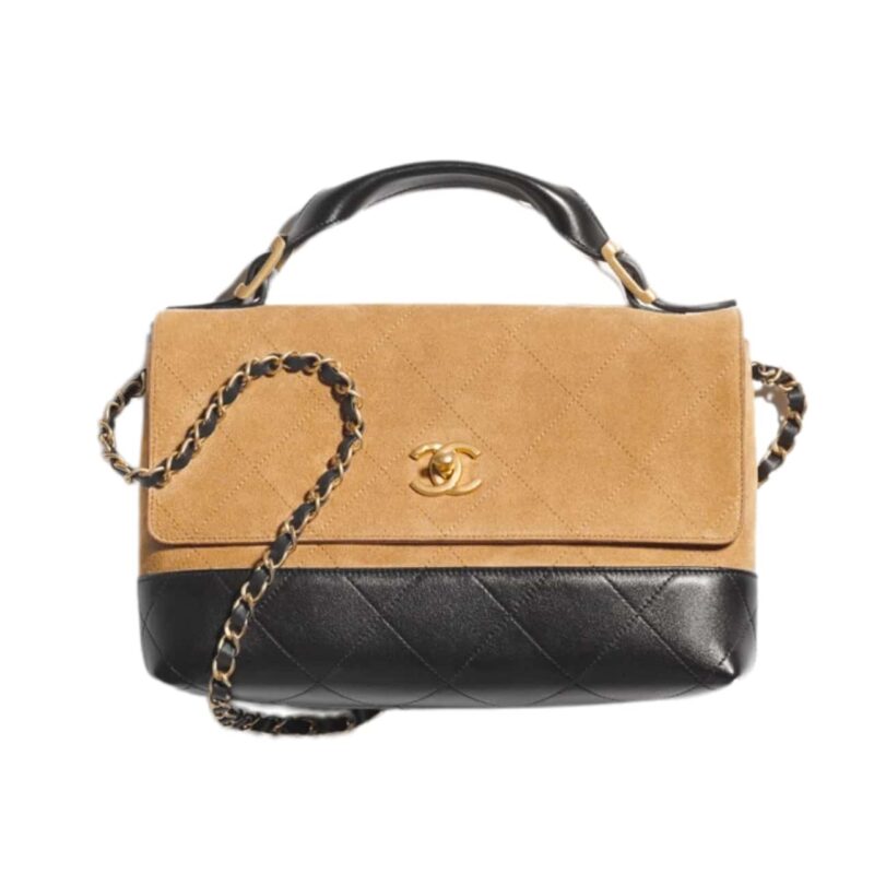 Chanel Large Flap Bag With Top Handle Shiny And Gold Tone Metal Brown Black 29Cm AS5637 B20827 U1536