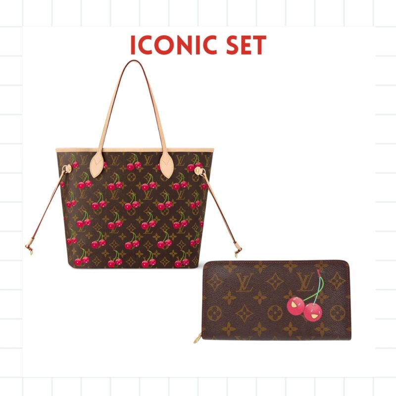 Iconic Set: Louis Vuitton X Takashi Murakami Monogram Cerise Neverfull Mm And Cherry Porte Monnaie Zippy Wallet