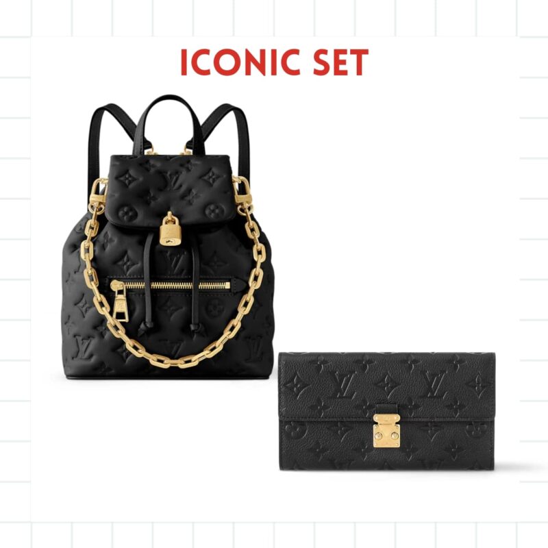 Iconic Set: Louis Vuitton Coussin Backpack PM And Sarah Wallet Monogram Empreinte