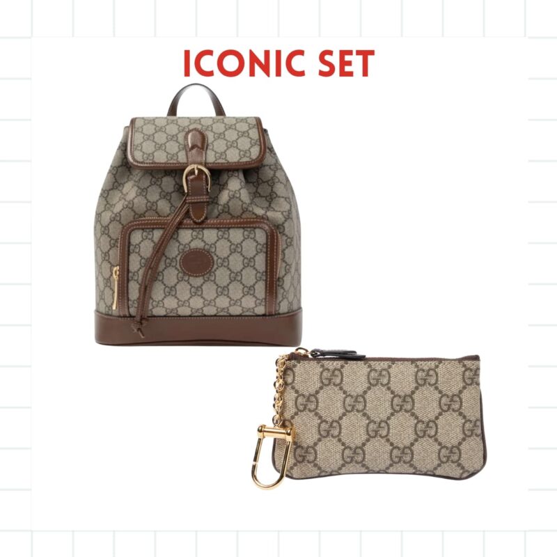 Iconic Set: Gucci Backpack With Interlocking G And Gg Supreme Canvas Wallet Ophidia Key Case