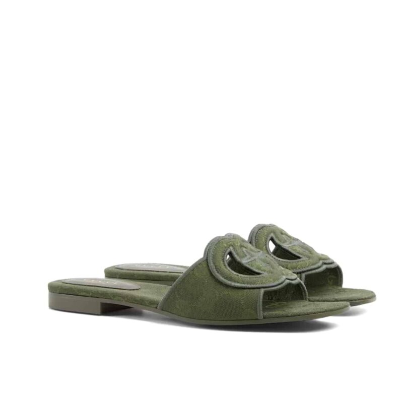Gucci Women Slide Sandal With Interlocking G Green Gg Canvas‎ ‎790447 9Sf00 3005