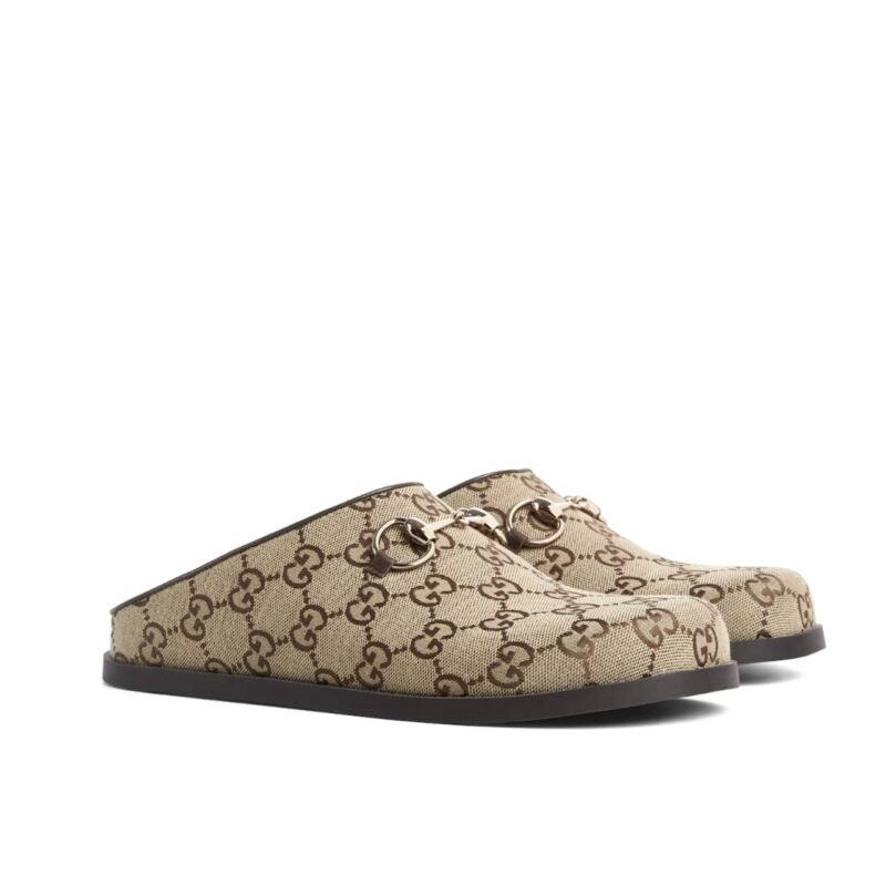 Gucci Women Mule With Horsebit Camel And Dark Brown Gg Canvas 837130 Fab10 2543
