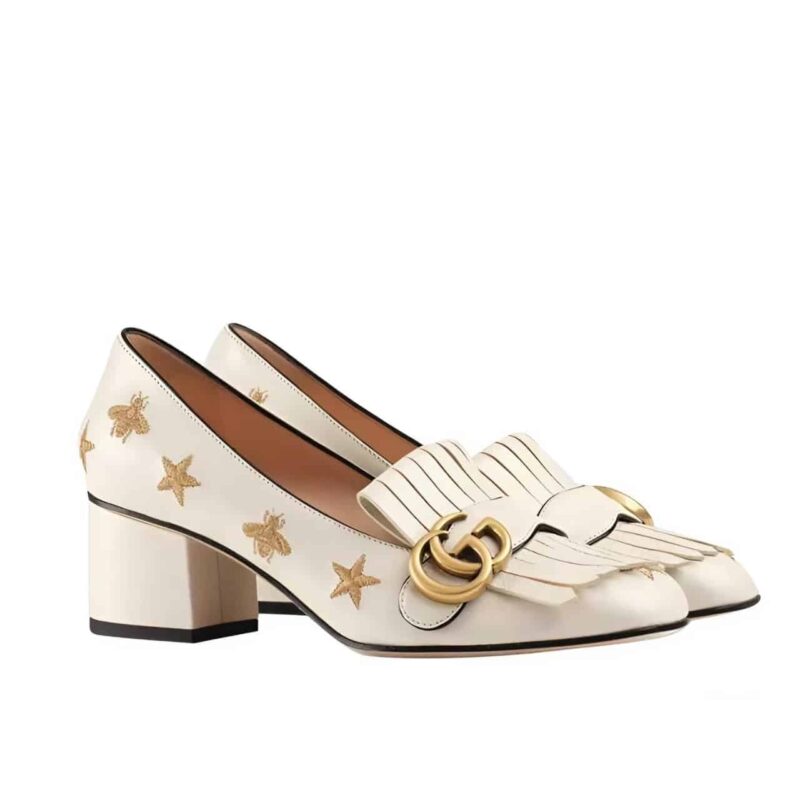 Gucci Marmont Embroidered Leather Mid Heel Pump Bee Star White 551548 D3V00 9022