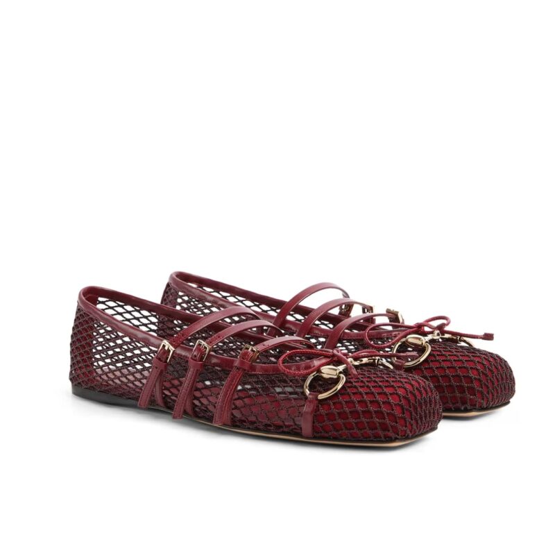 Gucci Women'S Horsebit Ballet Flat Rosso Ancora Red Mesh ‎835077 Faeqz 6207