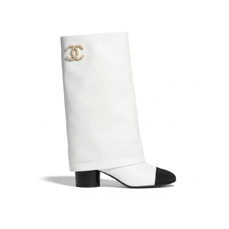 Chanel High Boots Leather And Grosgrain White 