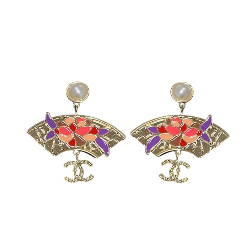 Chanel Fan Floral Enamel Pearl Drop Earrings Multicolour Abf930 B21130 U2139