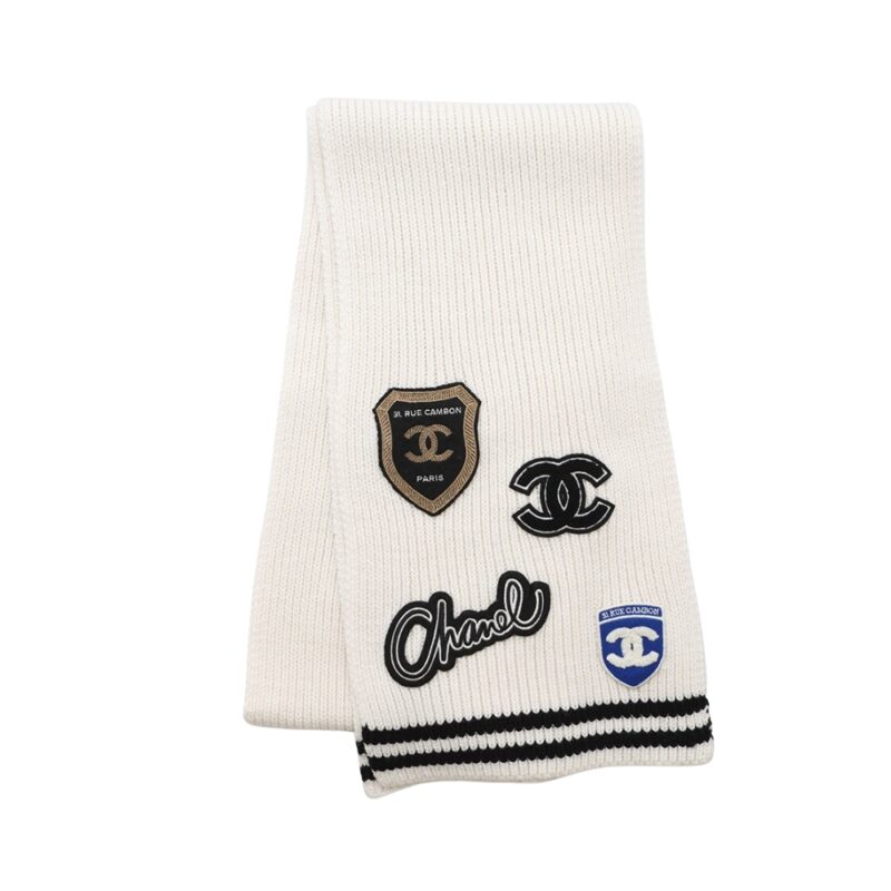 Chanel 24B Cashmere Knitted Badge Scarf White 180Cm