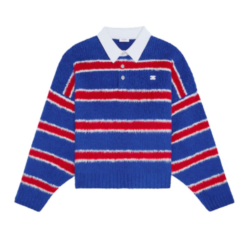Celine Polo Sweater In Brushed Striped Cotton Blue And Red Ry0Fq0Zqj Gbt8