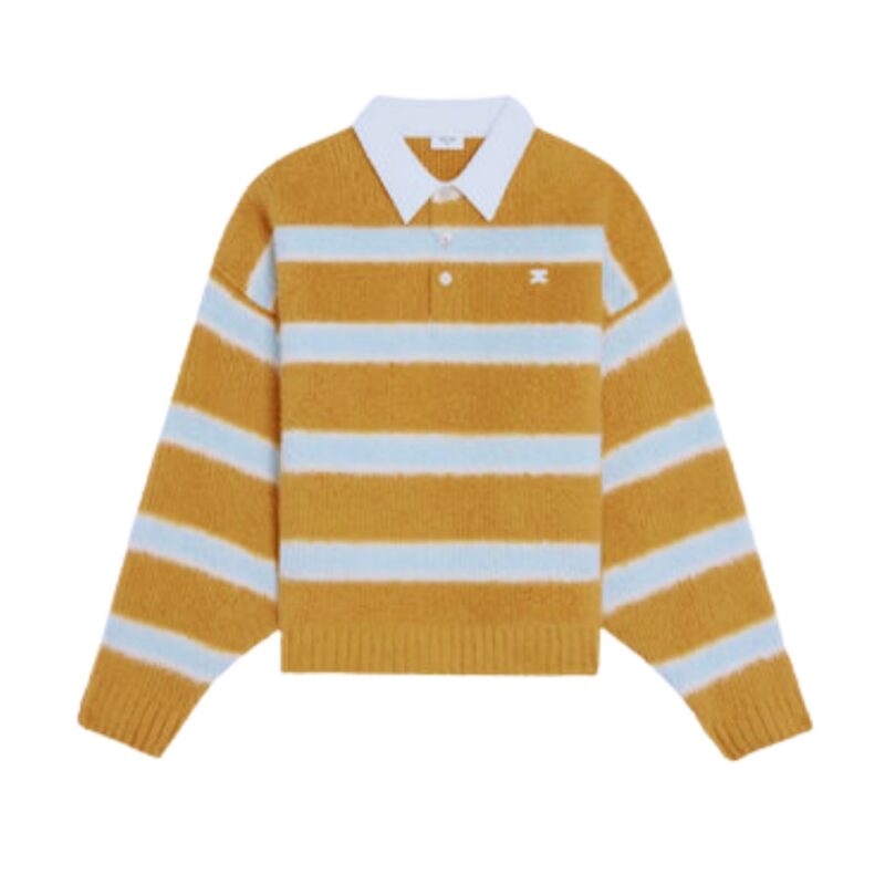 Celine Polo Sweater In Brushed Striped Cotton Ochre And Light Blue Ry0Fq0Zqj Gbo7