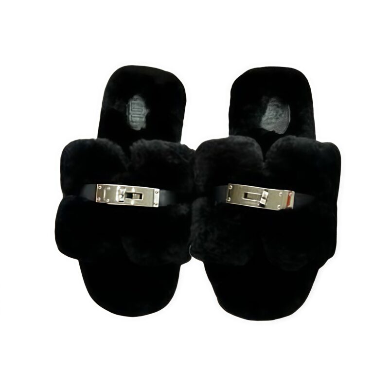 Hermes Shearling Fur Oran Silver Buckle Sandal Black