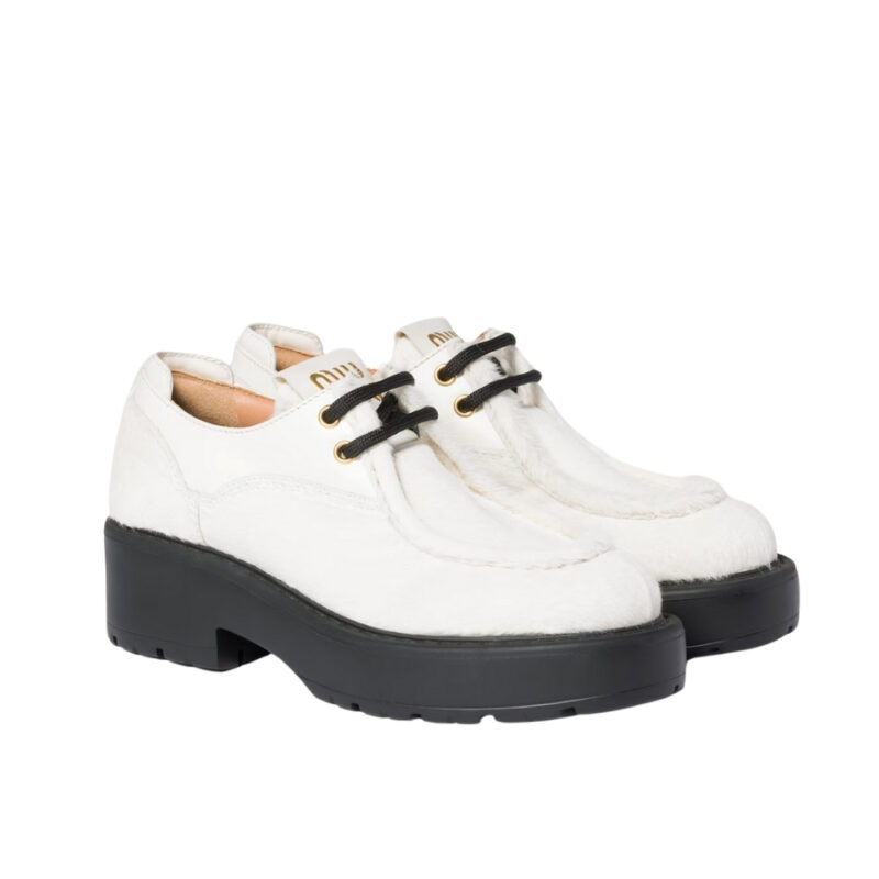 Miumiu Leather And Hair Leather Laced Shoes Ivory 5E964D 2Hio F0304 F D055