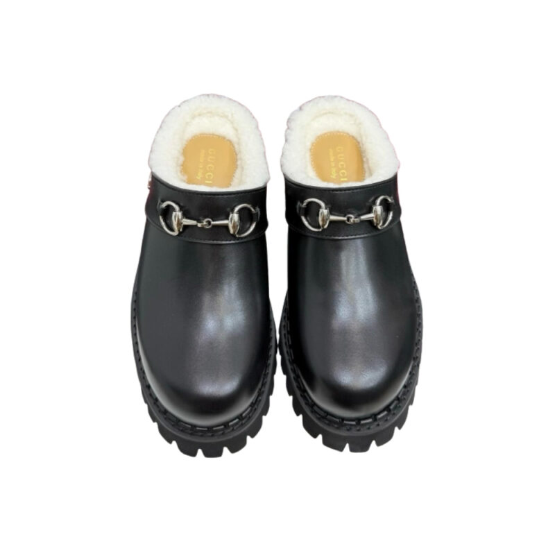 Gucci Horsebit Shearling Mules In Black Leather
