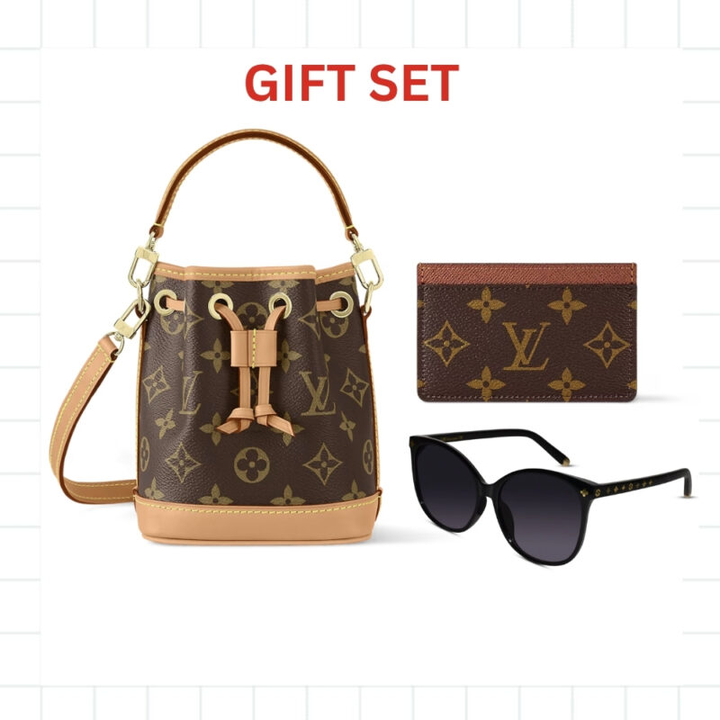Gift Set: Louis Vuitton Nano Noé Bag Monogram Brown With Card Wallet And My Monogram Light Cat Eye Glasses