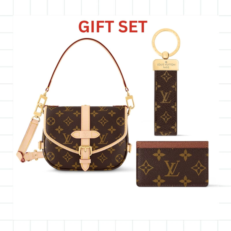 Gift Set: Louis Vuitton Nano Saumur Bb Monogram Brown With Card Wallet And Dragonne Keychain