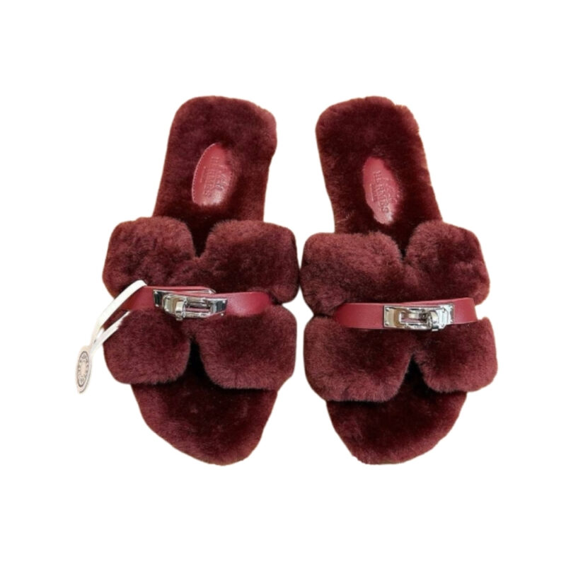 Hermes Shearling Fur Oran Silver Buckle Sandal Wine Red Wool