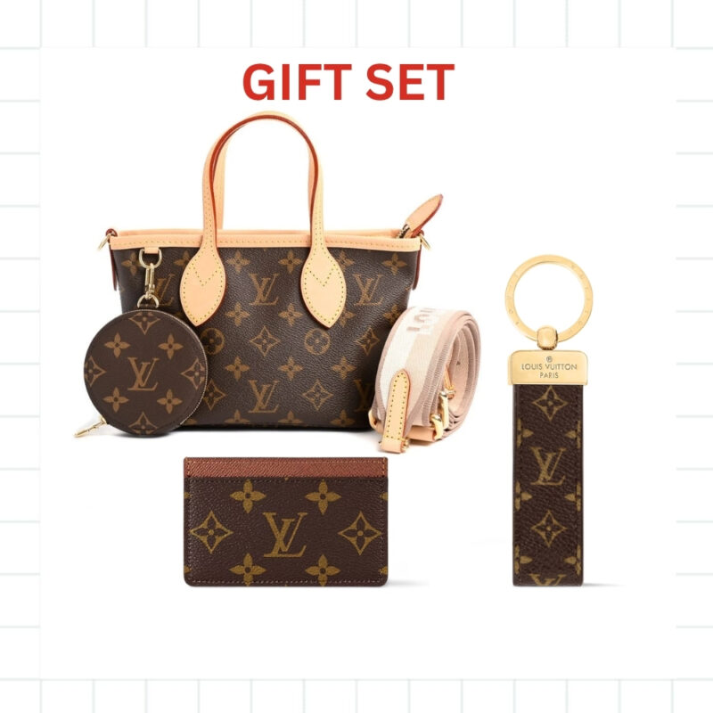 Gift Set: Louis Vuitton Neverfull Bb Bag Beige With Card Wallet And Dragonne Keychain