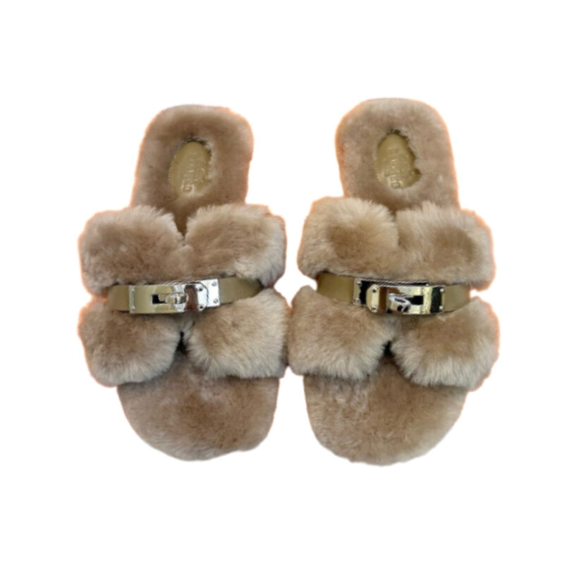 Hermes Shearling Fur Oran Silver Buckle Sandal Beige