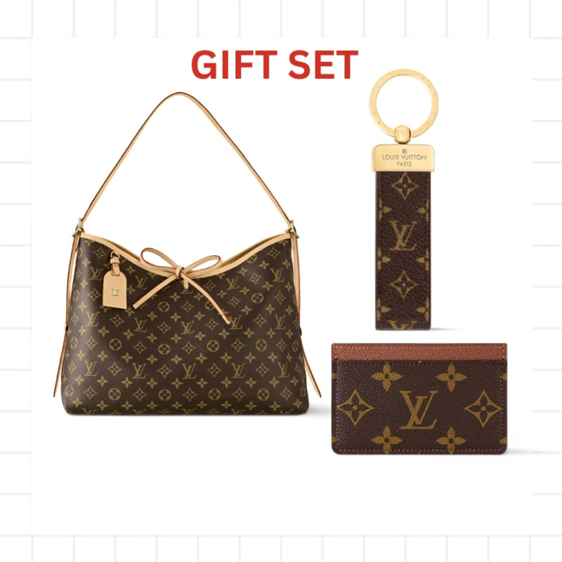 Gift Set: Louis Vuitton Carryall Pm Bag Monogram Canvas With Card Wallet And Dragonne Keychain