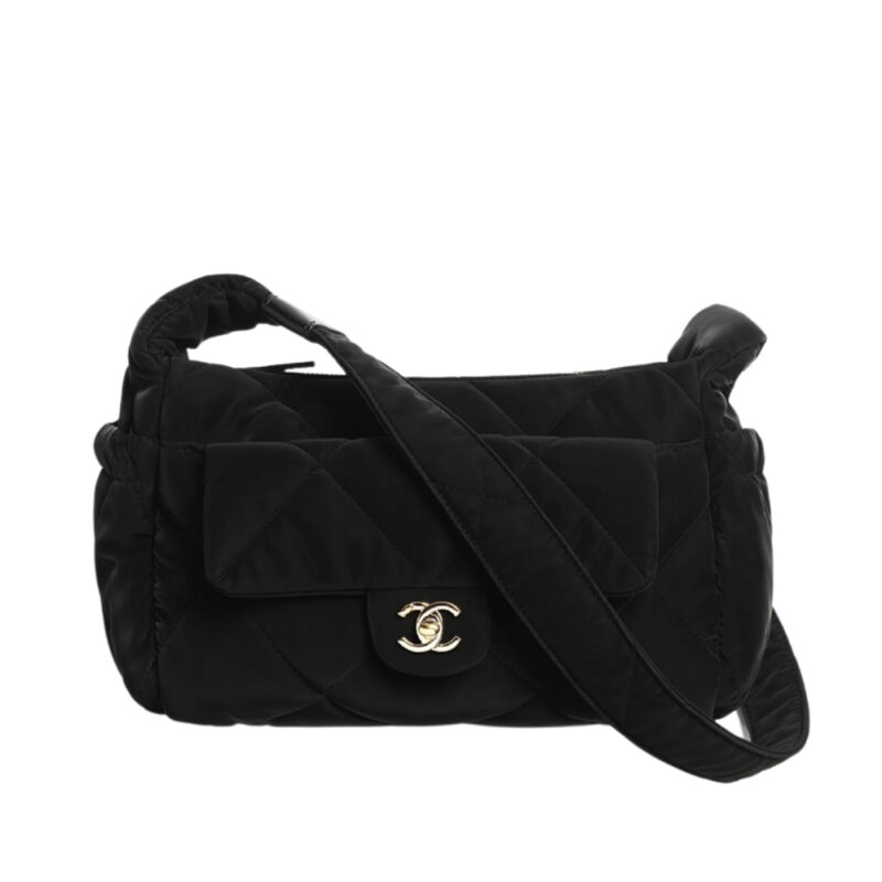 Chanel Large Bowling Bag Velvet Effect Nylon Gold Tone Metal In Black 27Cm AS5054 B21379 94305