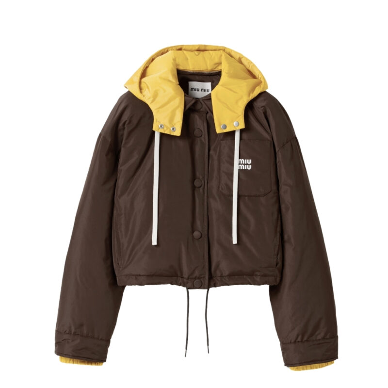 Miumiu Technical Ponge Down Hoodie Jacket Coffee Ml1315 1720 F045I S Ooo