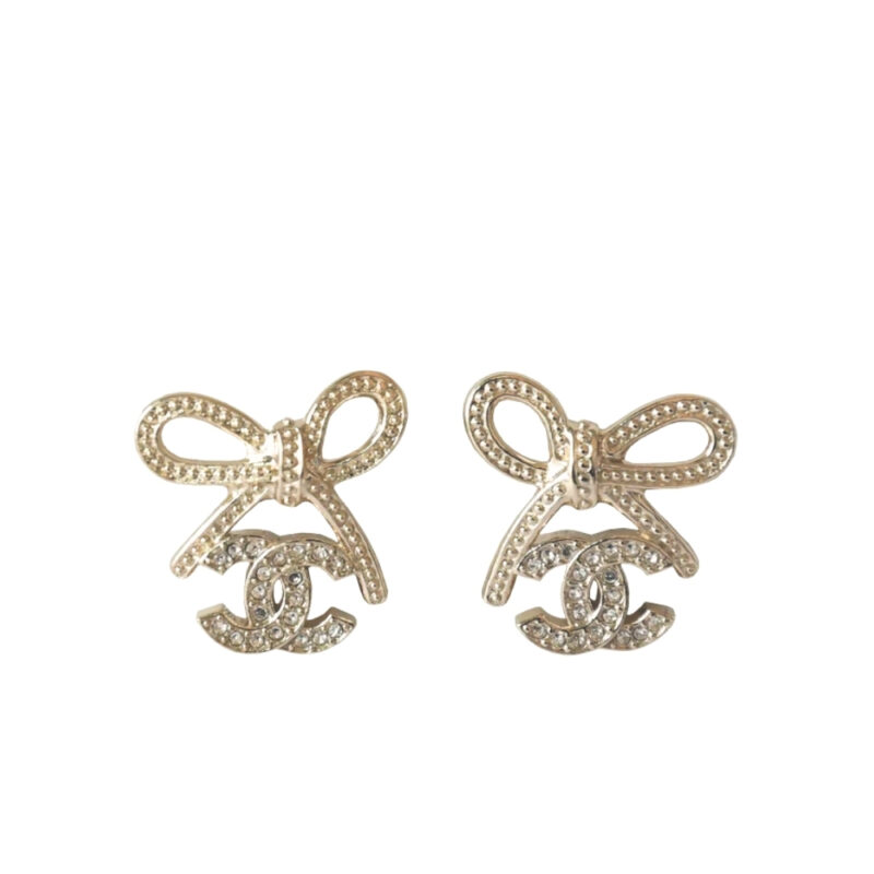 Chanel Cc Crystal Strass Bow Stud Earrings Gold Abg601 B22434 U4562