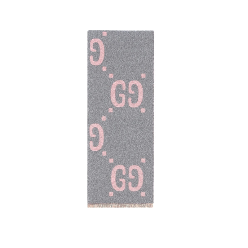 Gucci Gg Jacquard Wool Silk Scarf Grey Pink 180Cm 558007 3G636 1272G