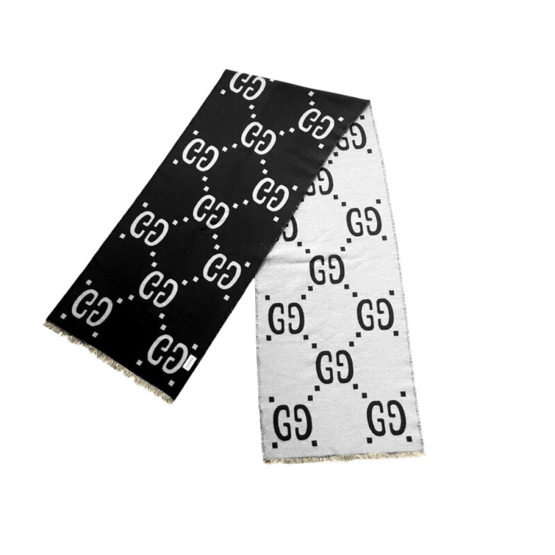 Gucci Gg Jacquard Wool Silk Scarf Black White 180Cm
